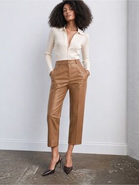 Aritzia Babaton Command Cropped Pants Cognac Vegan Leather High Rise Size 6